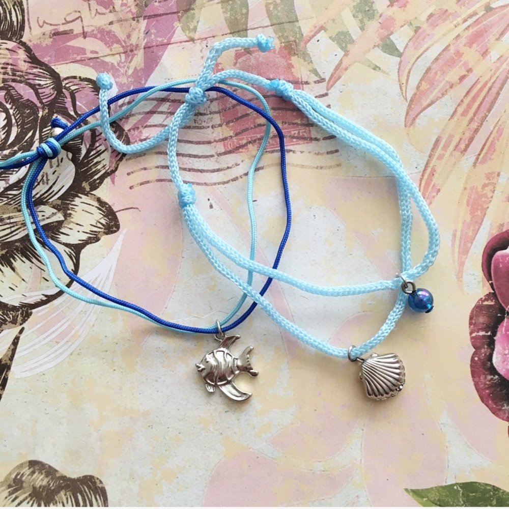 Sea Life Thread Bracelets w Fish and Shell Charms